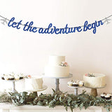Let The Adventure Begin Banner - Congrats Grad Bunting Sign - Graduation/Retirement/Bon Voyage/Baby Shower/Moving Party/Travel Theme Party Decorations, Blue Glitter