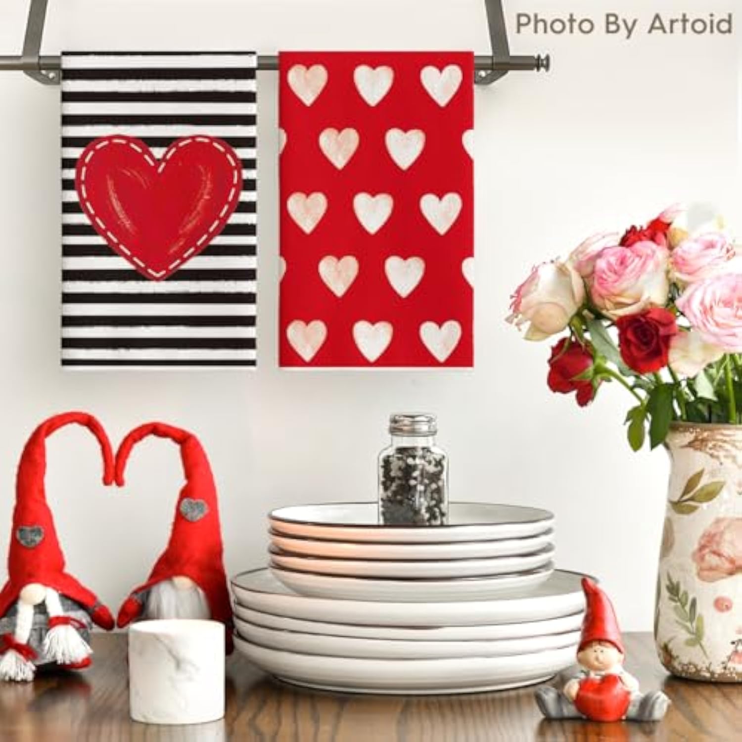 Red Heart Stripe I Love You Valentine'S Kitchen Towels Dish Towels, 18X26 Inch Farmhouse Wedding Decoration Hand Towels Set Of 4
