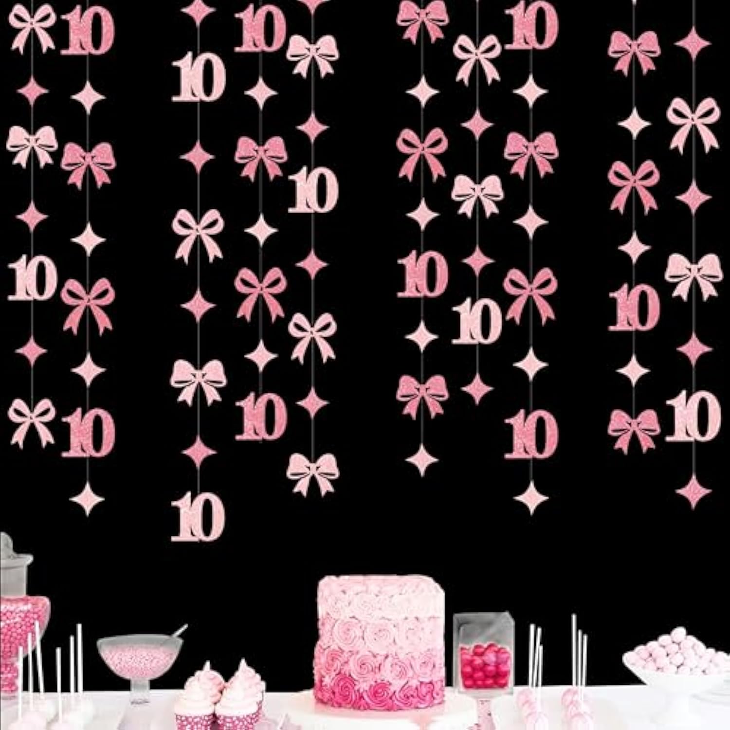 Hot Pink Glitter Bow “Happy 10th Birthday” Banner & Garland Decor for Girls