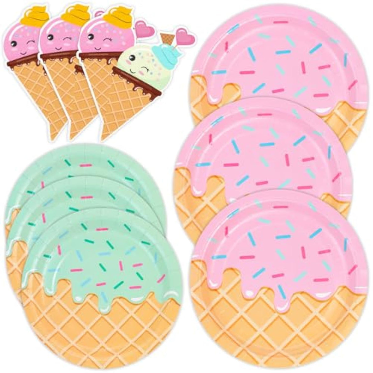 48 Pcs Ice Cream Birthday Party Plates And Napkins Kit, Ice Cream Theme Tableware Set Snow Cones Party Table Decorations Supplies, Disposable 9'' And 7'' Paper Plates, Napkins, Serves 16