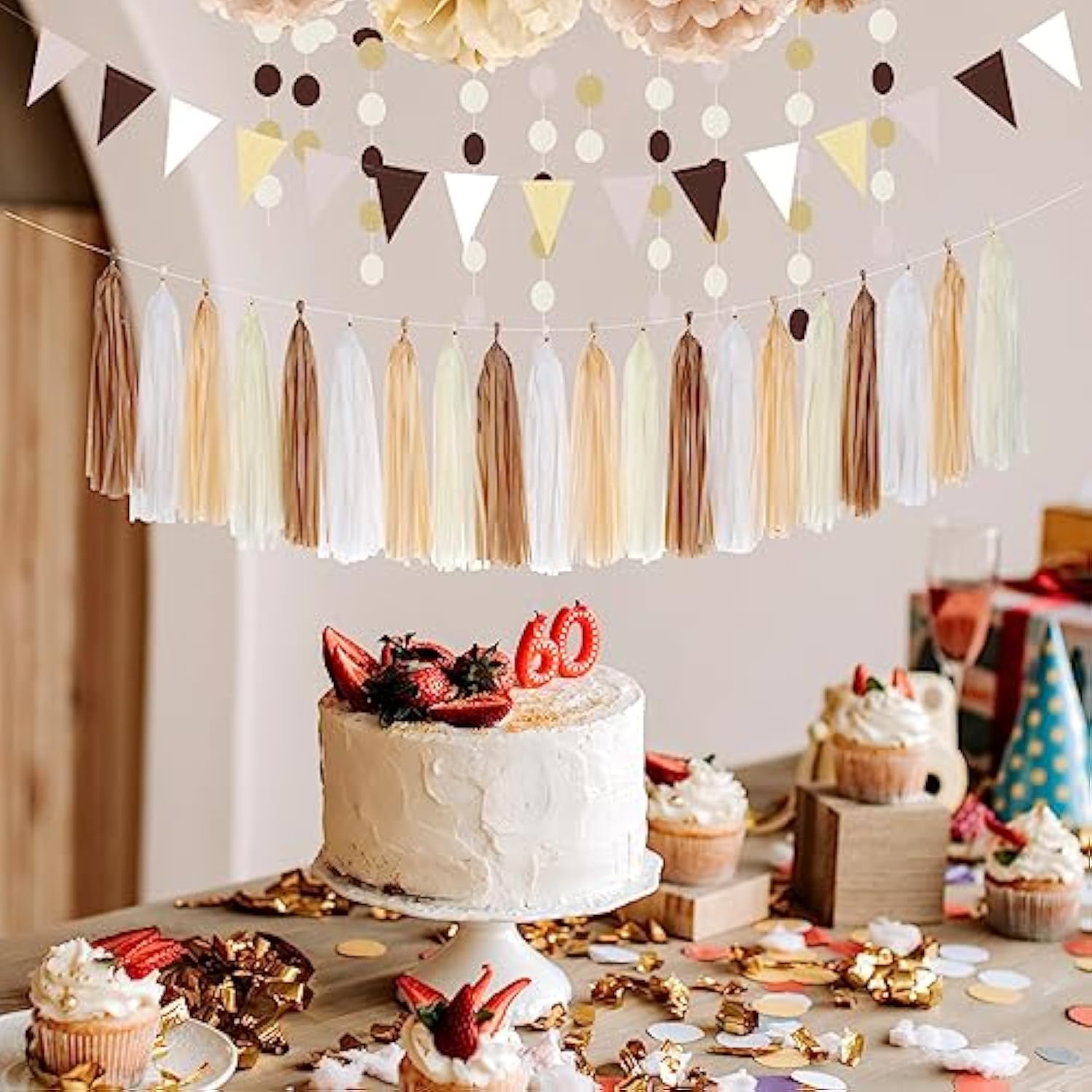 Boho Baby-Shower White-Brown Champagne Party-Decorations - 28Pcs Neutral Birthday Wedding Bridal Tissue Pom Poms Streamers, Fall Autumn Tassel Garland Banner, Engagement Christmas Decor