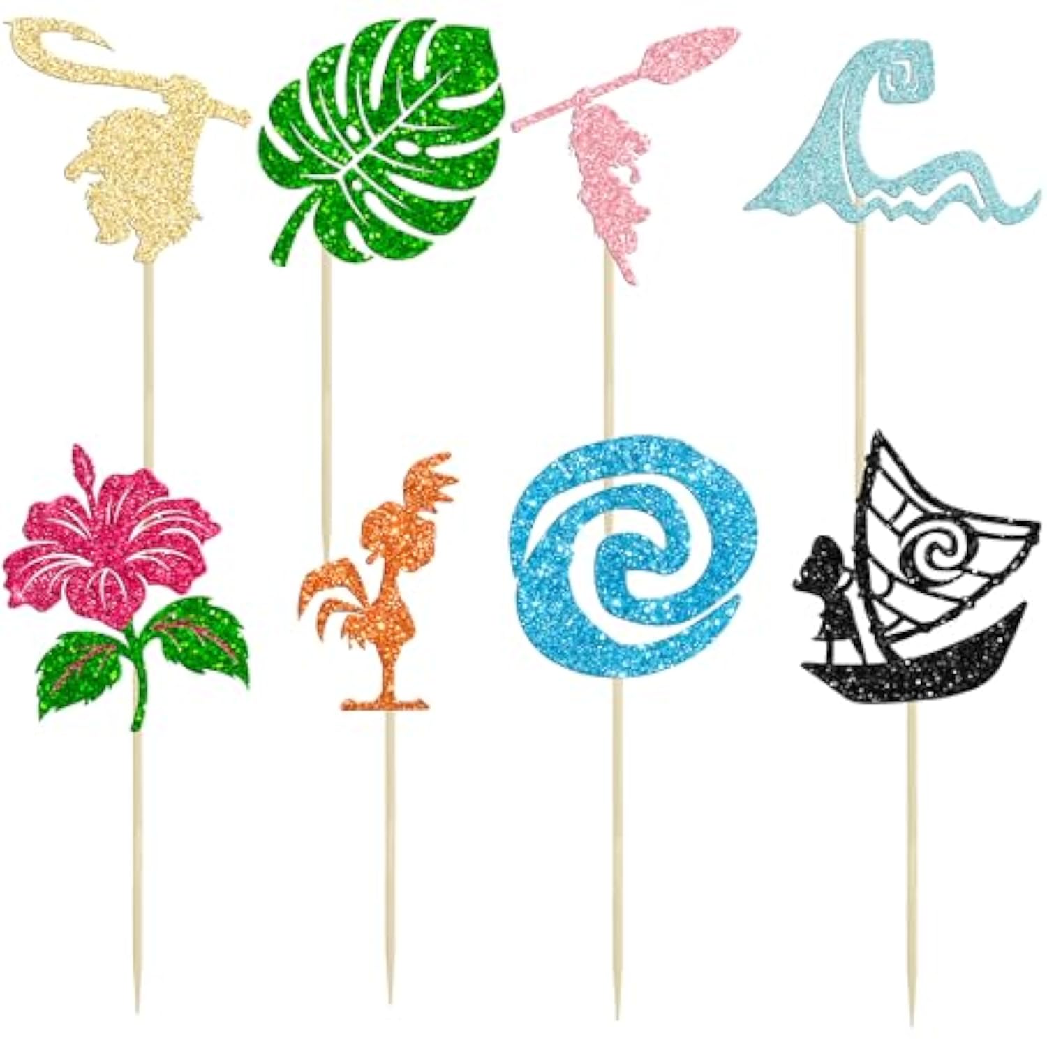 32Pcs Moana Inspired Cupcake Toppers Glitter Palm Leaf Flower Cupcake Picks Tropical Hawaiian Luau Theme Cake Decorations For Baby Shower Birthday Party Cake Supplies Multi