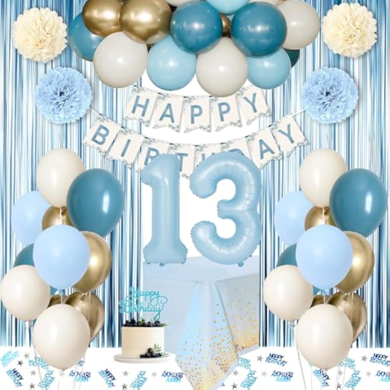 13Th Birthday Decorations For Girls, Blue Official Teenager Decorations Light Blue White Gold Balloons Happy Birthday Banner Tablecloth Fringe Curtain Cake Topper Paper Pom Poms 13 Bday Boys Girls