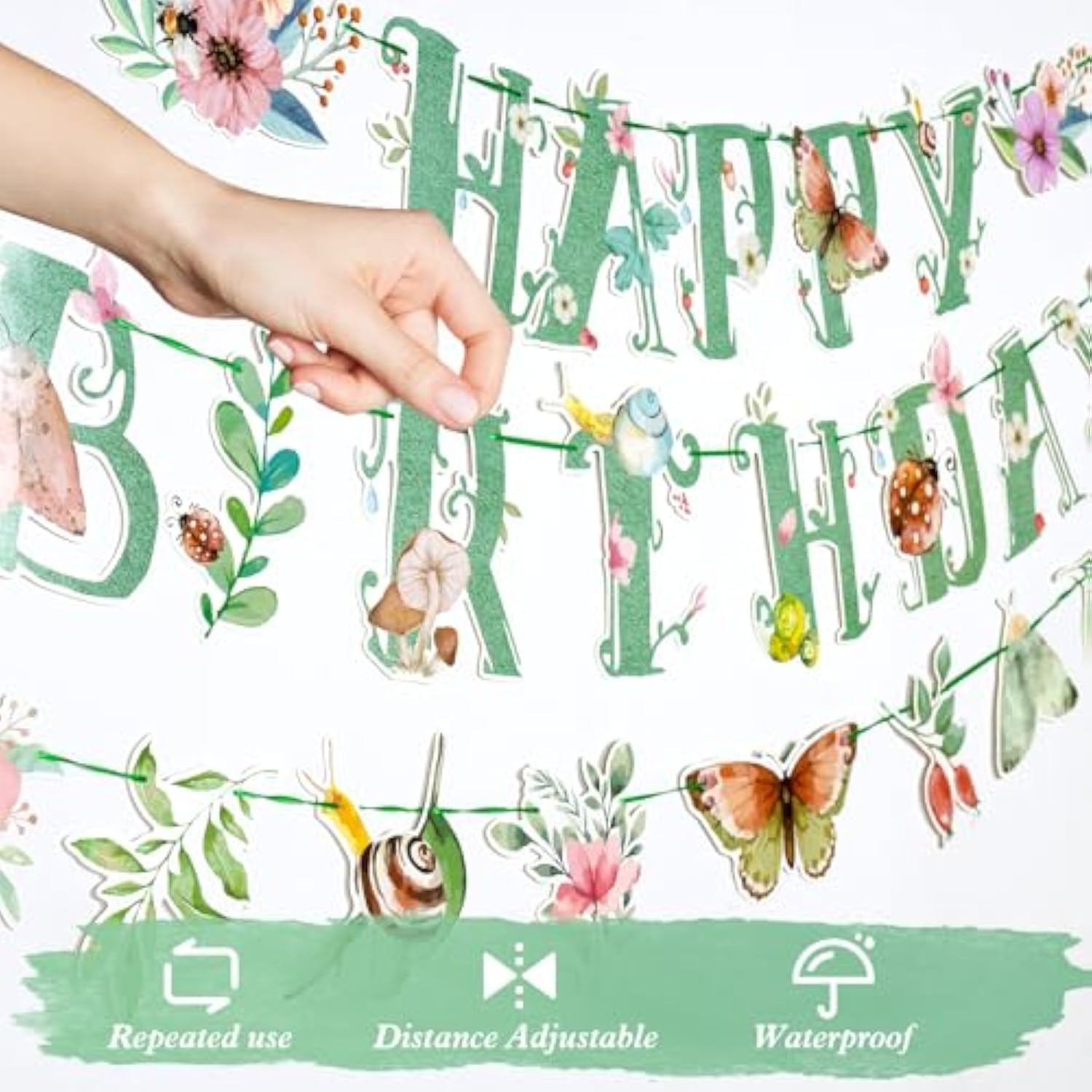 Sage Green Spring Wildflower Happy Birthday Banner with Butterflies - Pre-Strung Decor