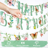 Sage Green Spring Wildflower Happy Birthday Banner with Butterflies - Pre-Strung Decor