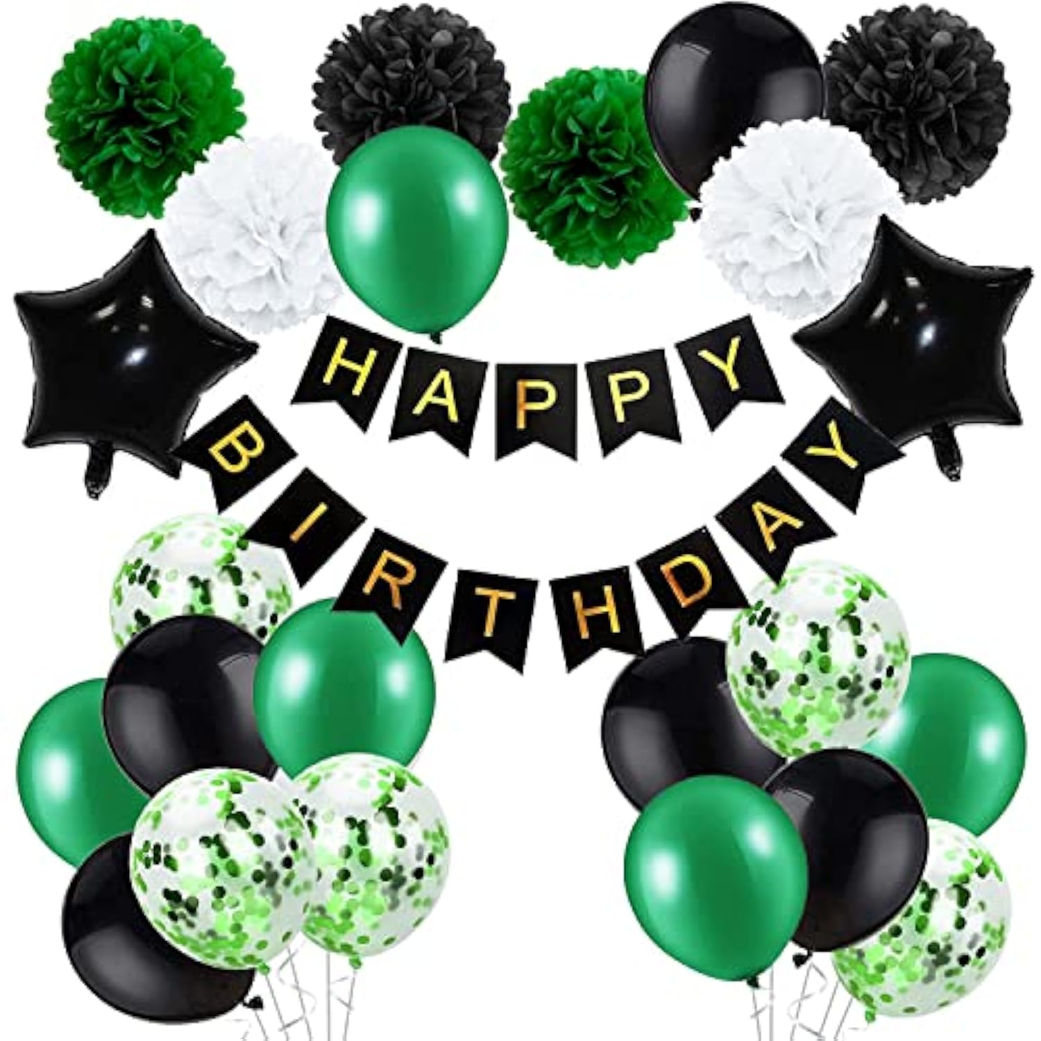 Green Black Birthday Decorations for Men with Banner Balloons Confetti and Ribbon