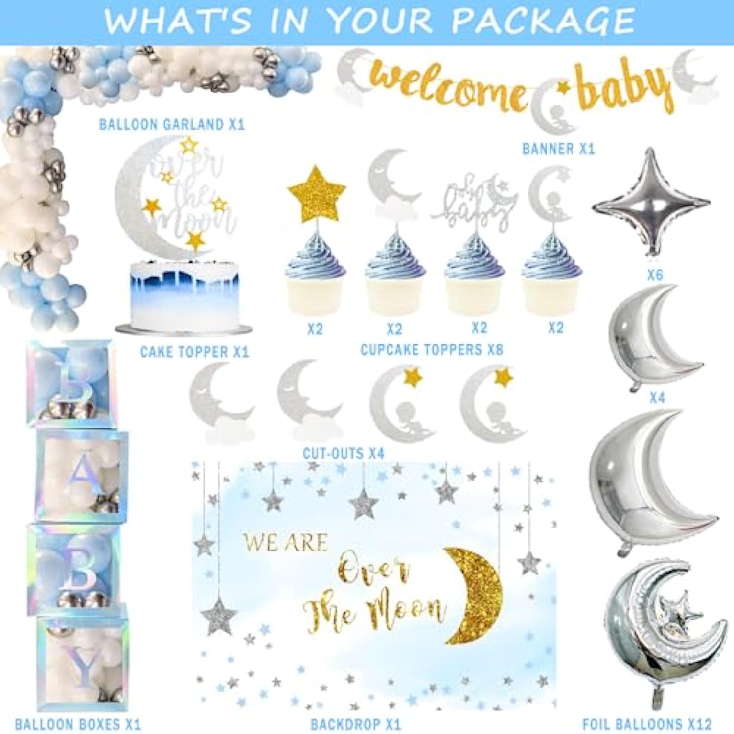 154 Pcs Over The Moon Baby Shower Decorations, We Are Over The Moon Baby Shower Decorations Backdrop Balloon Garland Glitter Banner Cake Cupcake Topper Boxes Cutout Starry Night Galaxy Sliver