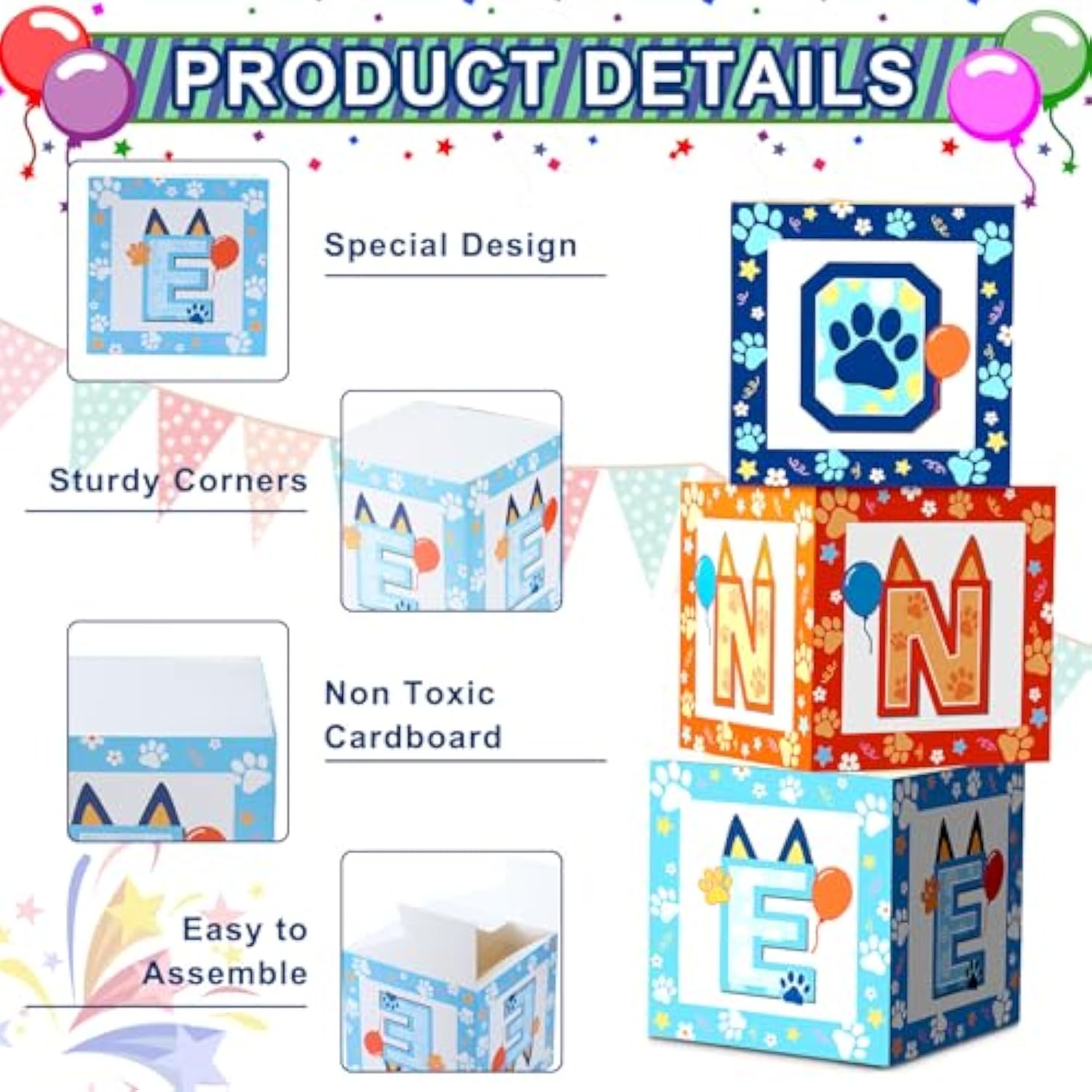 3-Pcs Blue Dog Paw 1st Birthday Balloon Boxes with 25 Balloons Set