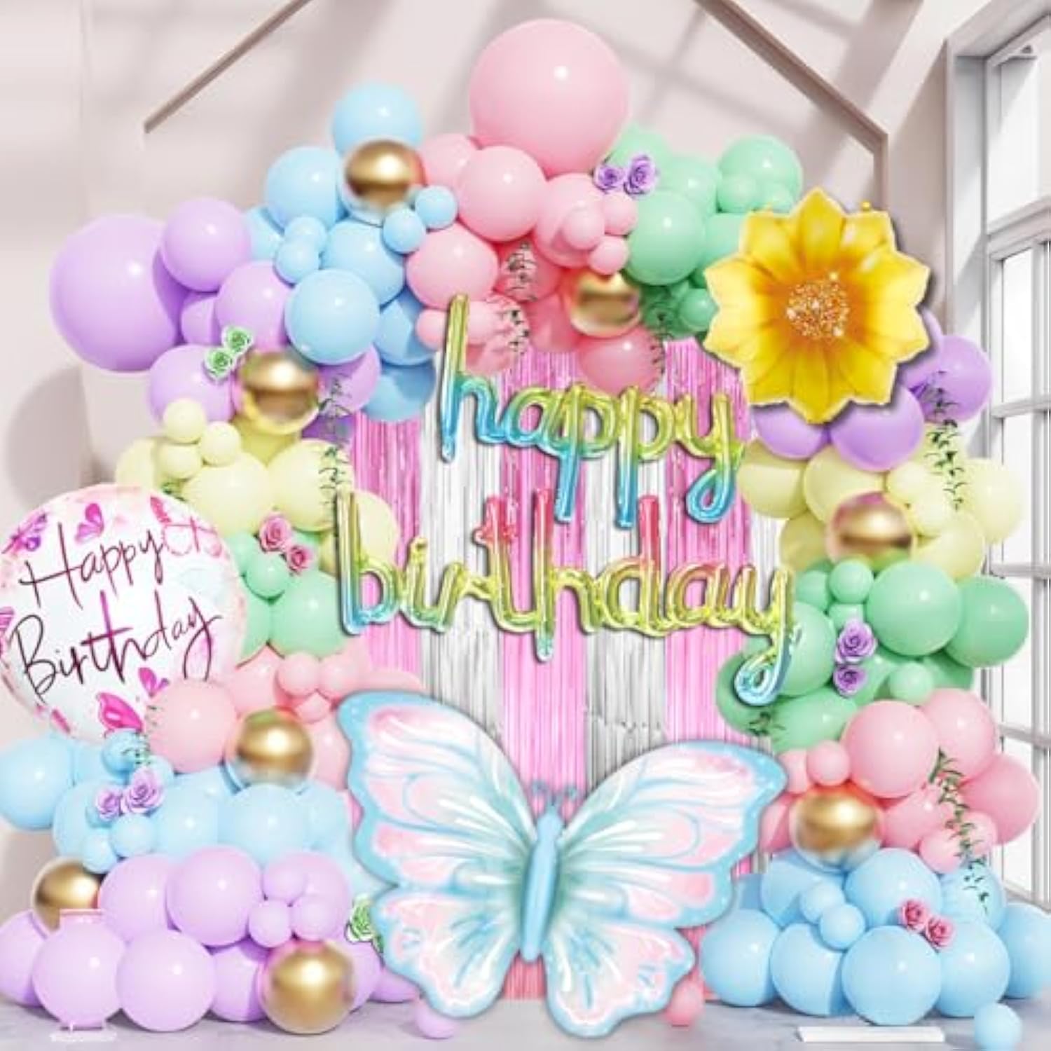 Balloon Garland, Birthday Balloon Arch, Butterfly Balloons, 72-Piece Colorful Set With Butterfly, Flower & Happy Birthday, Elegant Spring Party Decorations