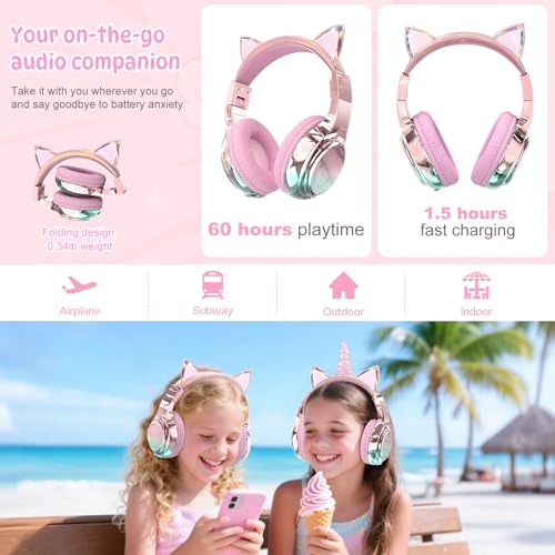 Kids Cat Ear Bluetooth Headphones, 60H Playtime, 74/85/94dB Safe Volume Limit, Metallic Gradient Wireless Headset with Mic, Fast Charging, Foldable,
