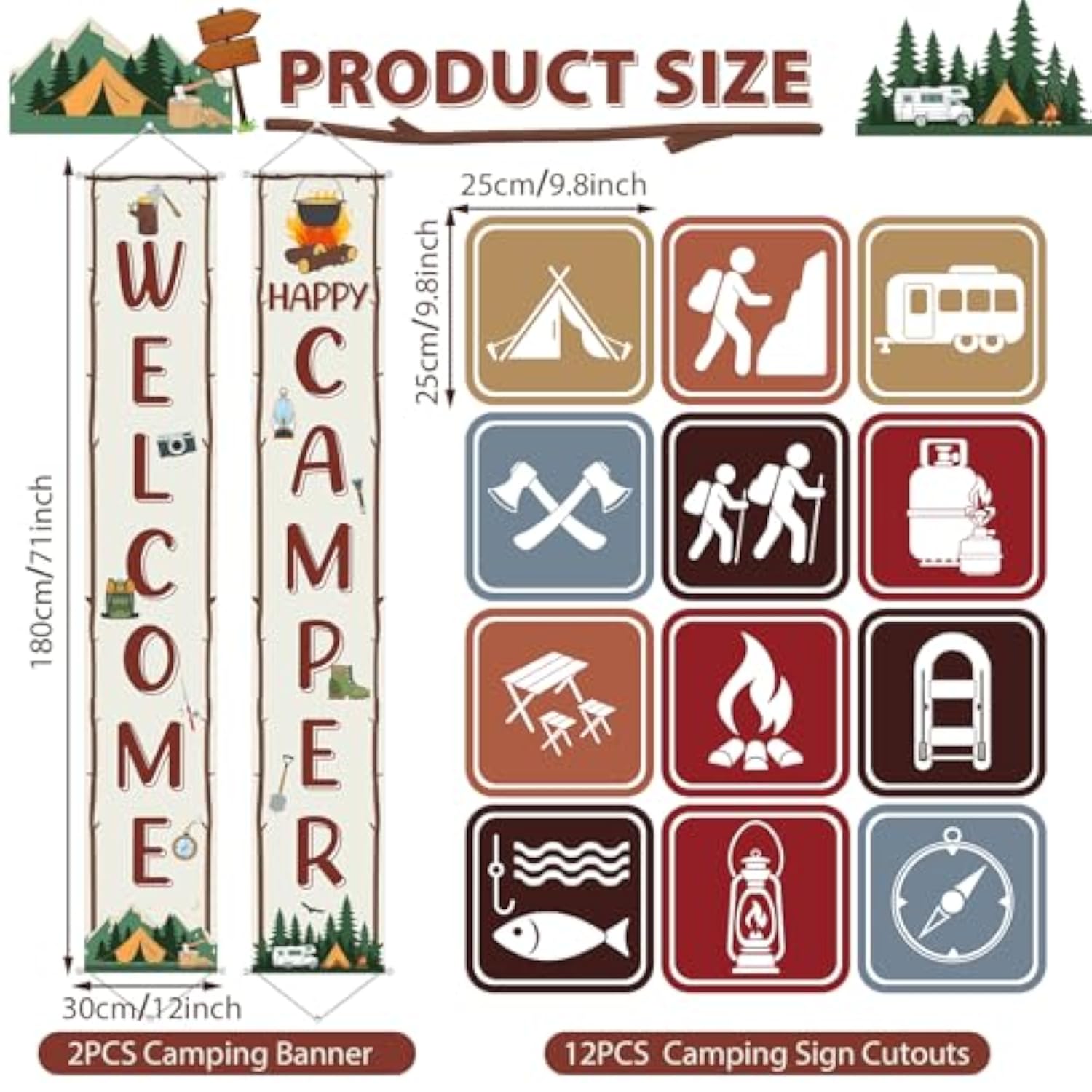 Camping Party Decorations Set Welcome Happy Camper Porch Banner Sign Summer Camp Sign Cutouts Birthday Party Favors Camping Theme Birthday Decorations Hanging Supplies For Campfire Decor