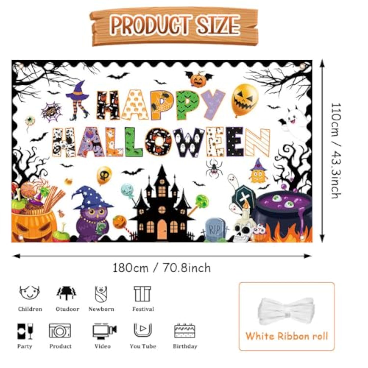 Happy Halloween Classroom Banner Backdrop with Ghost Spider Bat Pumpkin Decor for Wall