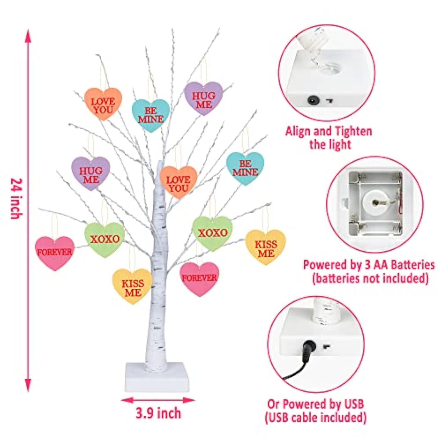 [Timer] Valentines Day Decoration 24 Inch Valentines Decor Tree Light With 12 Heart Ornaments, Usb/Battery Operated Valentines Day Decor Lighted Tree, Valentines Day Decorations For Home Table Bedroom