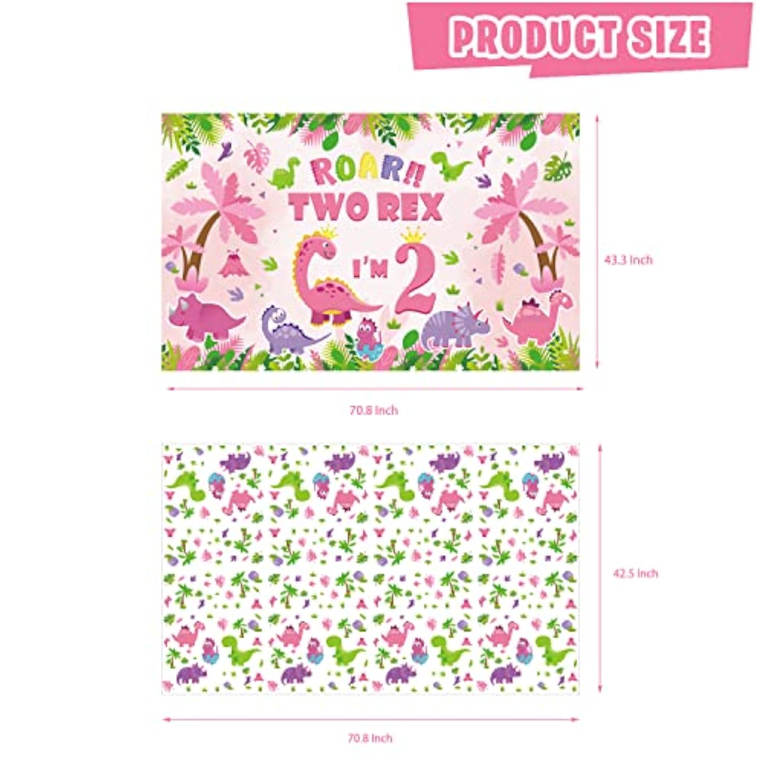 Dinosaur Birthday Party Supplies For 2 Year Old Girl, Two Rex Pink Dinosaur Dino Party Decorations For Girls Baby - Backdrop, Banner, Toppers, Cupcakes Wrappers, Balloons And Tablecloth