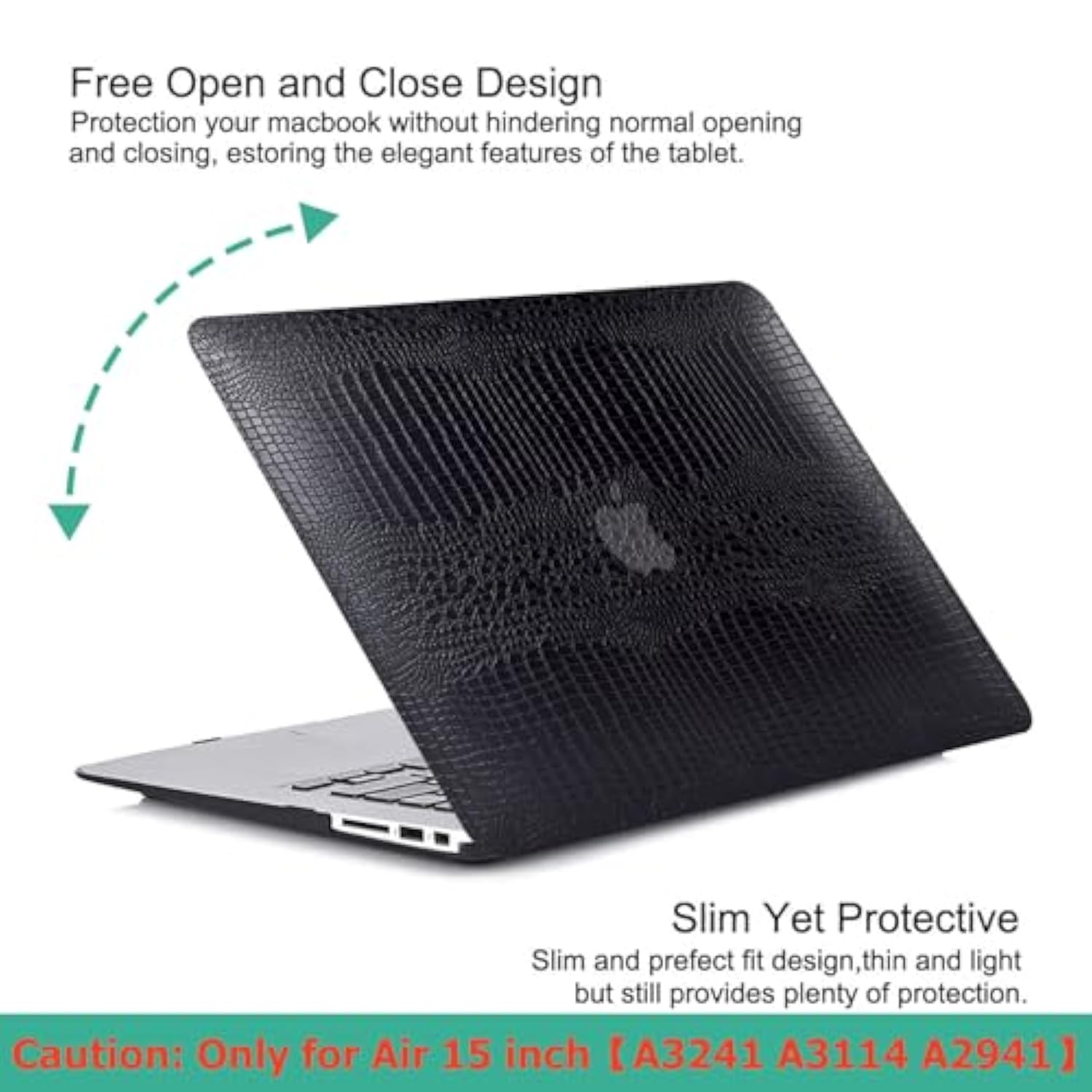 Compatible With Macbook Air 15 Inch Case 2025 2024 2023 M4 M3 M2 A3241 A3114 A2941, Crocodile Skin Alligator Pu Leather Hard Shell Cover For Mac Book Air 15 M4 Case And Keyboard Cover, Black