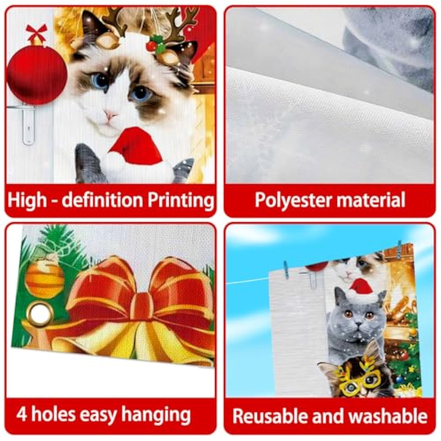 Christmas Door Cover Cute Santa Cat Front Door Covers Decoration 71X36 Inch, Merry Christmas Banner For Holiday Parties, Winter Xmas Decor, Festive Backdrop For Home & Office