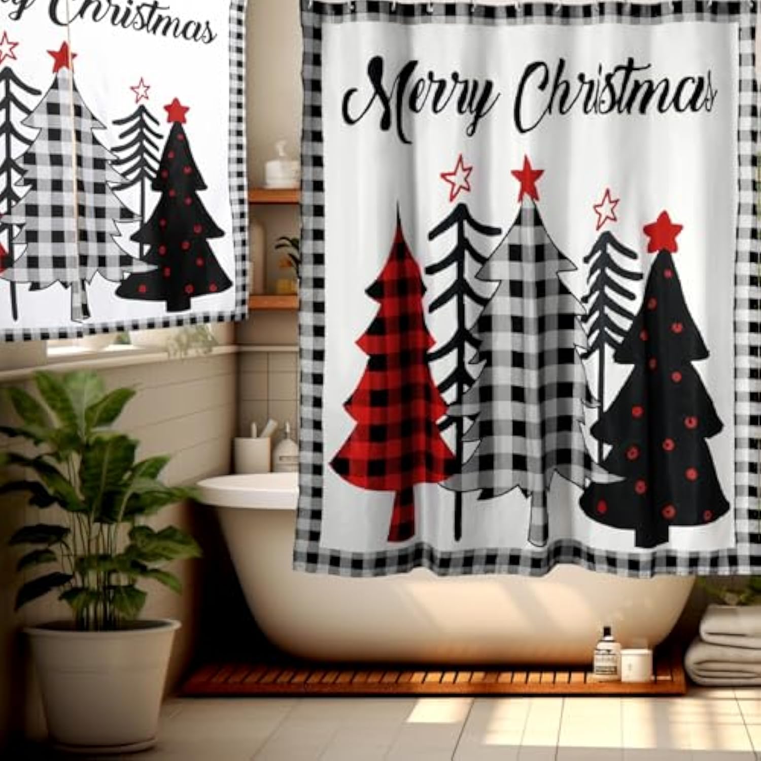 2 Pcs Christmas Shower Curtain Set 72 X 72 Inch Buffalo Plaid Xmas Tree Winter Snowflake Merry Christmas Decorative Christmas Tree Shower Curtain With Window Curtain With 12 Hooks