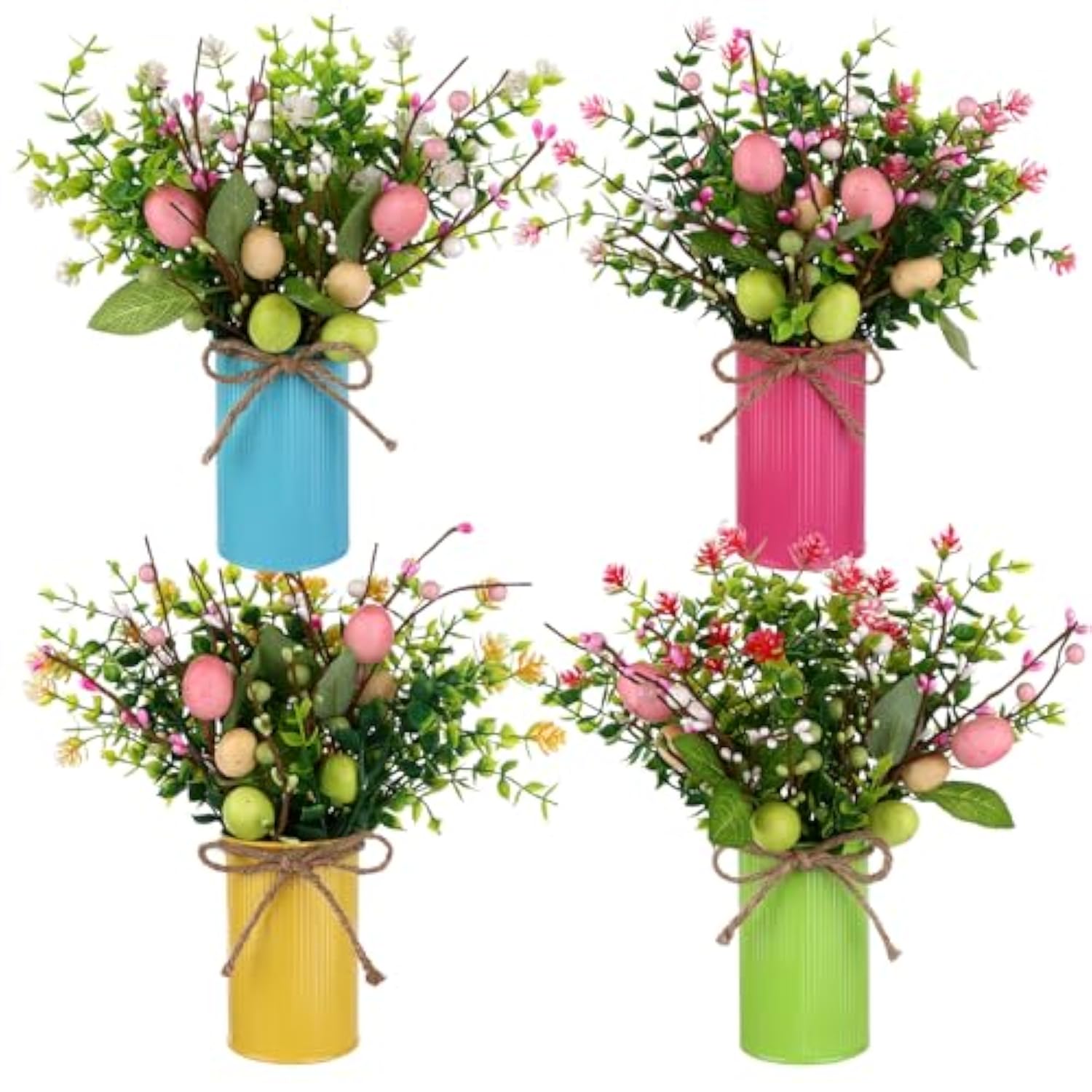 4 Set Easter Table Centerpiece Artificial Easter Egg Picks With High Farmhouse Vase Artificial Easter Flower 4 Metal Pot 8 Easter Spray With Eggs 8 Berries Eucalyptus Flower Plants For Easter Tabletop