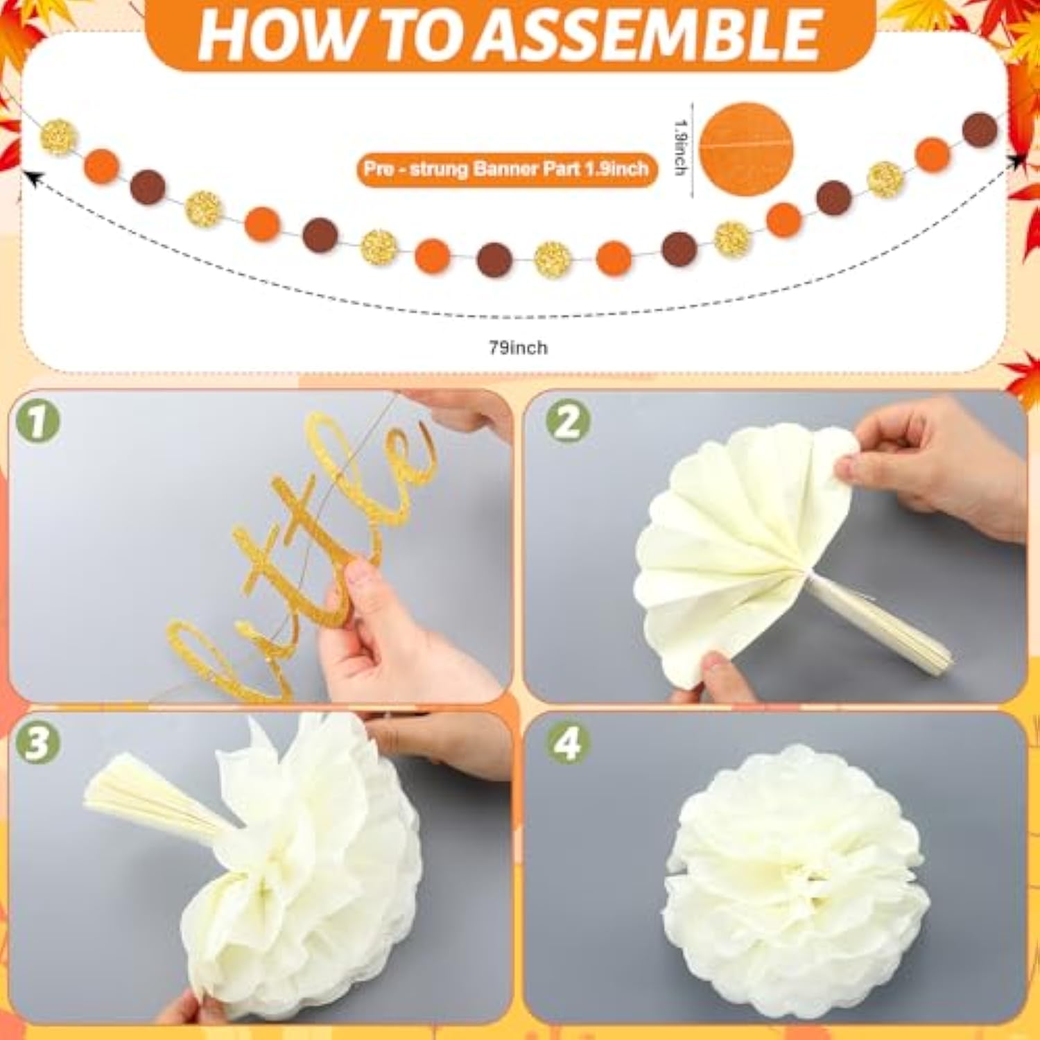 Little Pumpkin Fall Baby Shower Decoration 15 Pcs A Little Pumpkin Is On The Way Banner Tissue Pom Poms Paper Lantern Fan For Fall Birthday Baby Shower Gender Reveal Party Decor(Orange)