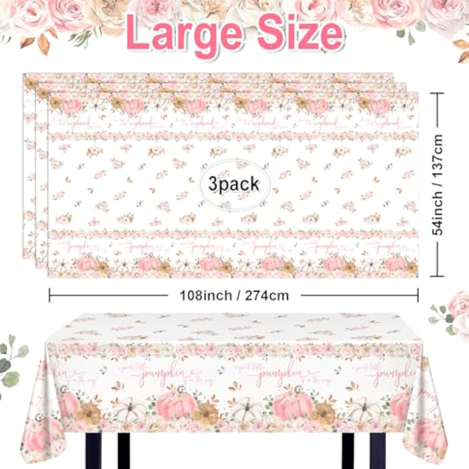 3 Pcs Pink Pumpkin Baby Shower Tablecloths 108X54 Inch Fall Baby Shower Decorations For Girl A Sweet Little Pumpkin Is On The Way Party Supplies