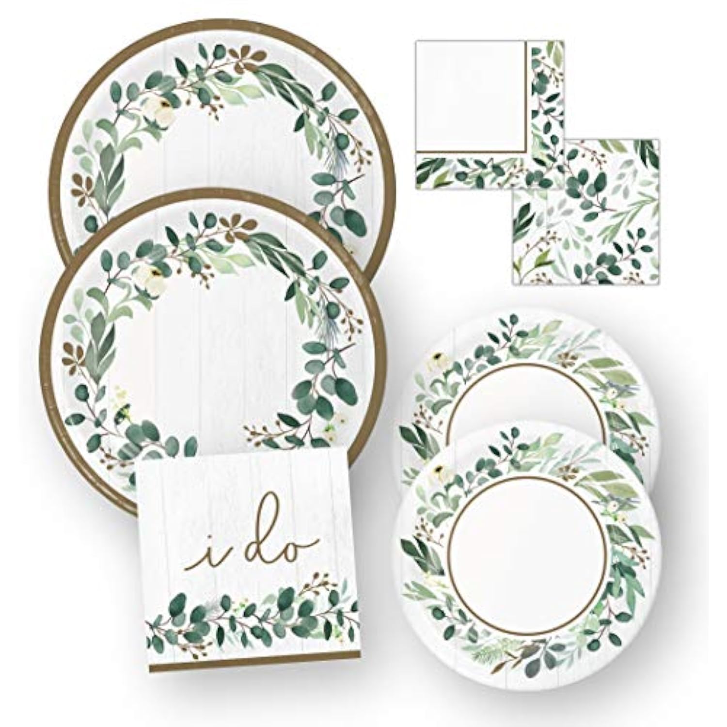 Eucalyptus Greens I Do Bridal Shower Plates And Napkins Wedding Set (64 Pieces)