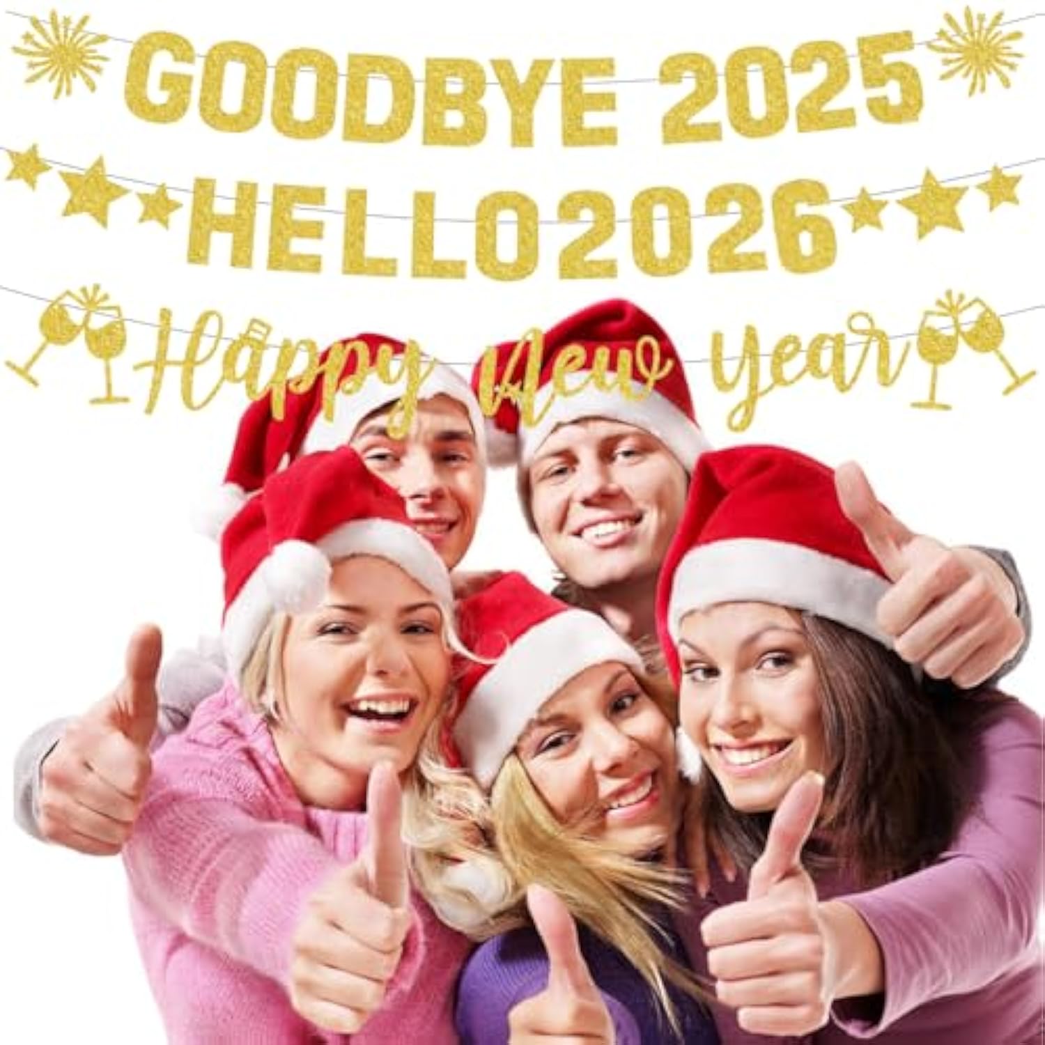Gold Glitter Goodbye 2025 Hello 2026 Banner for New Year’s Eve Party Decor
