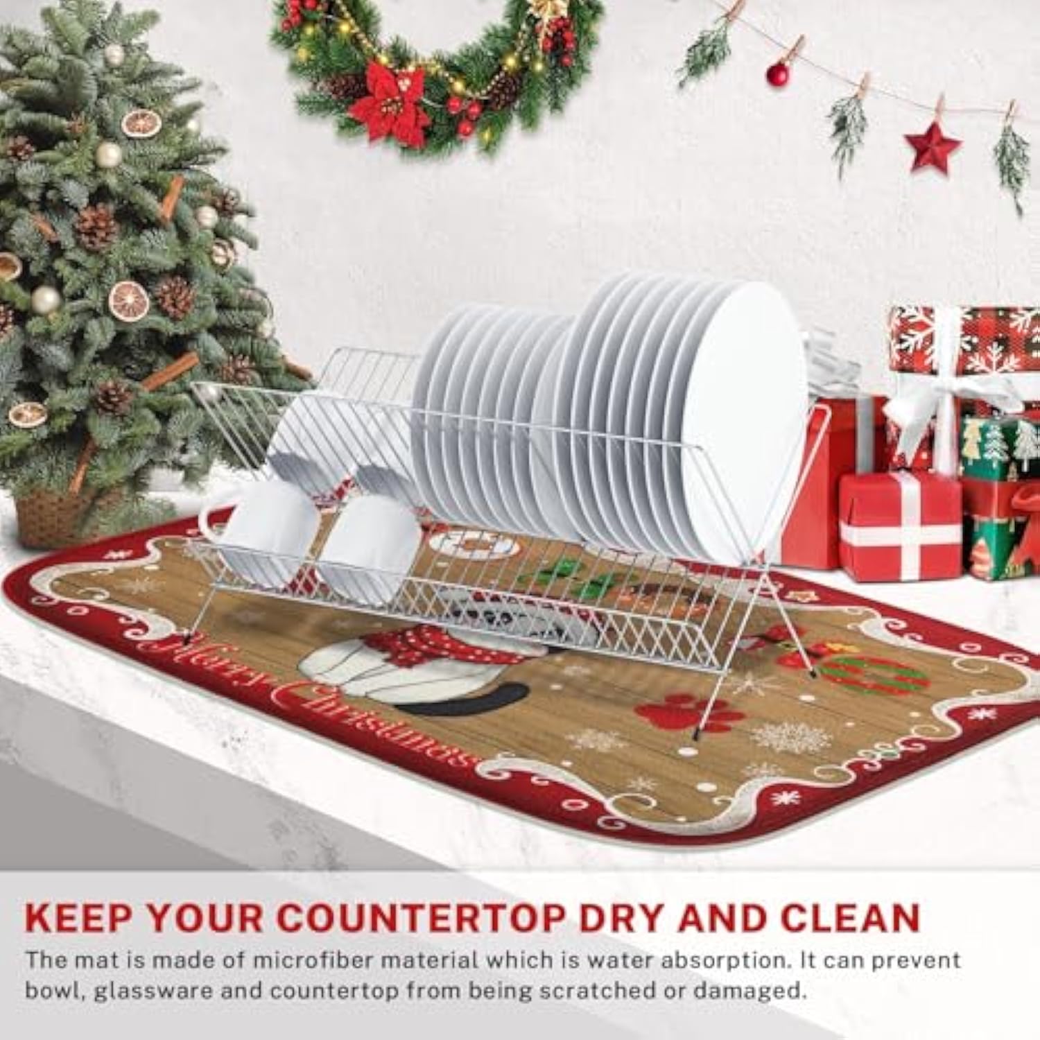 Absorbent Dish Drying Mat, Merry Christmas Microfiber Pad For Kitchen Counter, Winter Cute Cat For Coffee Bar Decor, Heat Resistant And Reversible, 18" X 24"