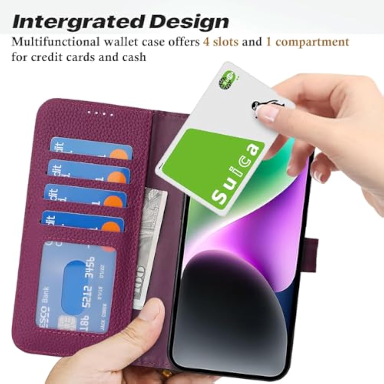 Genuine Leather Wallet Case for iPhone 14/13, 4 Card Slots, Rose Purple