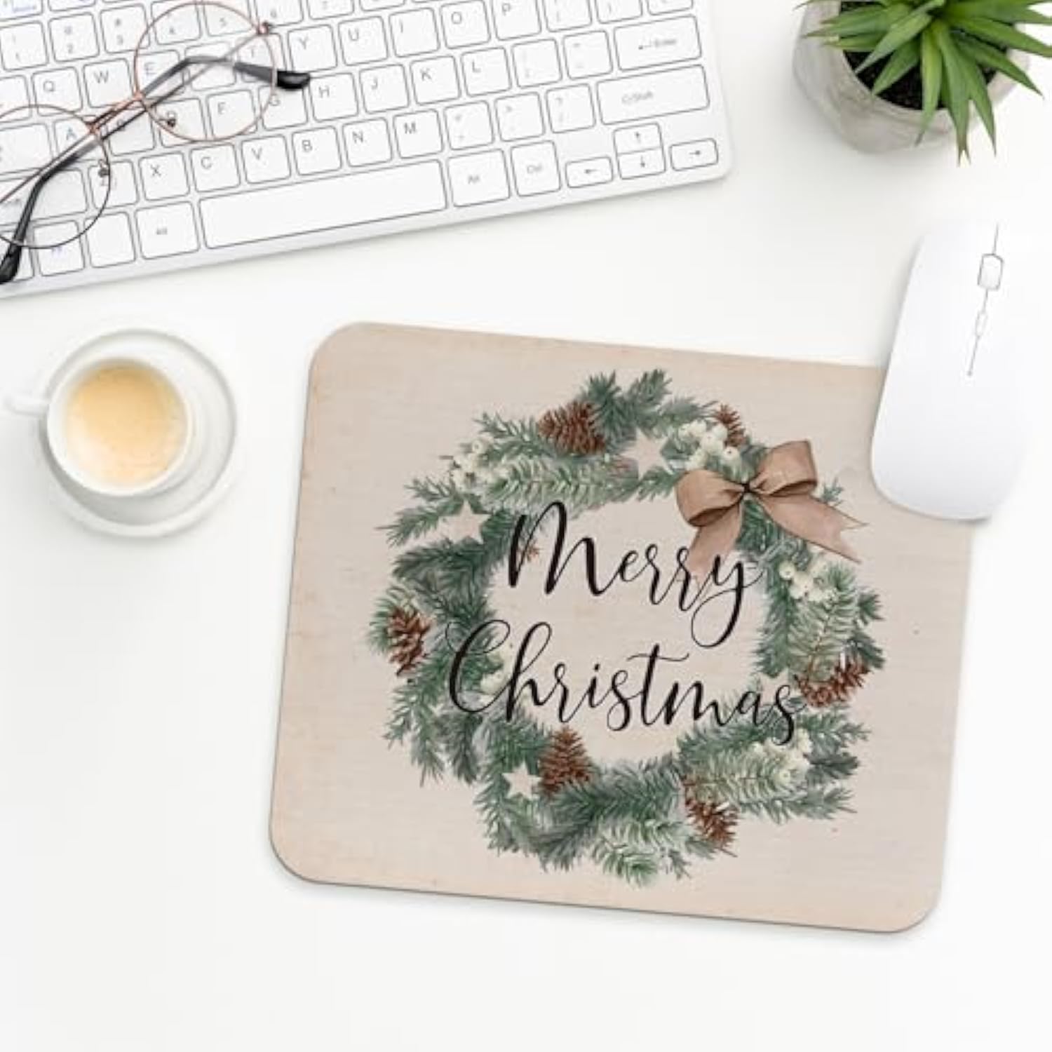 Christmas Mouse Pad, Vintage Merry Christmas Wreath Cute Office Supplies Mouse Pad, Winter Holiday Square Mouse Pads For Desk Computer Office Gaming Working, 9.5×7.9 In