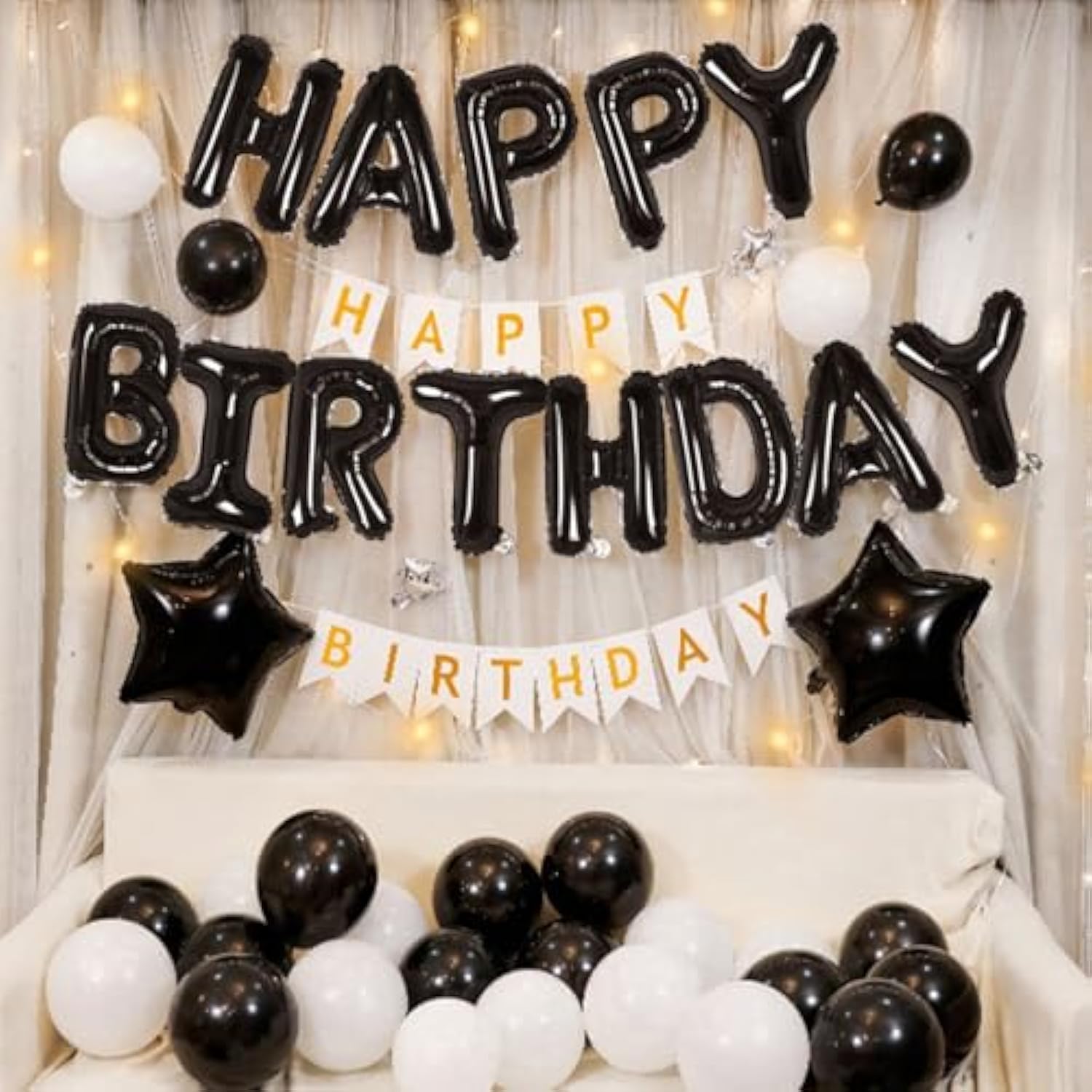 13Pcs 16-Inch Happy Birthday Mylar Foil Banner, 8Pcs Star Balloons & LED Lights (Black)