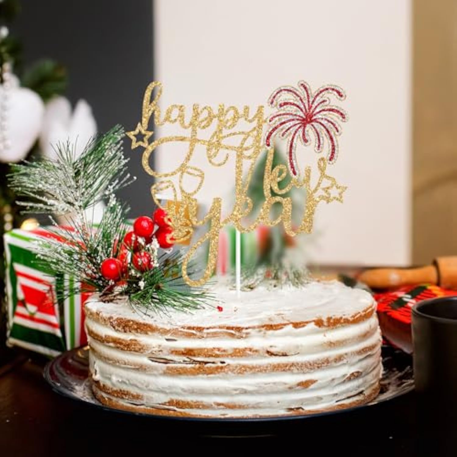 Happy New Year Cake Topper Cheers to 2026 Gold Glitter Party Decorations