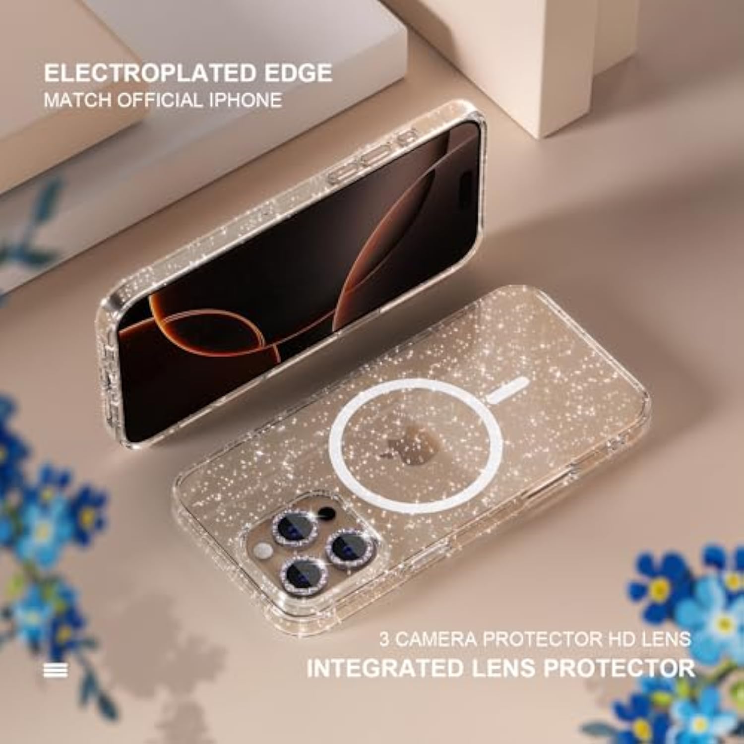 For 16 Pro Max Case Magnetic, Women Clear Glitter Bling Sparkly Case, [3Xdiamond Camera Lens Protectors] [2Xtempered Glass Screen Protectors] [Compatible Magsafe] 6.9"(Glitter Clear)