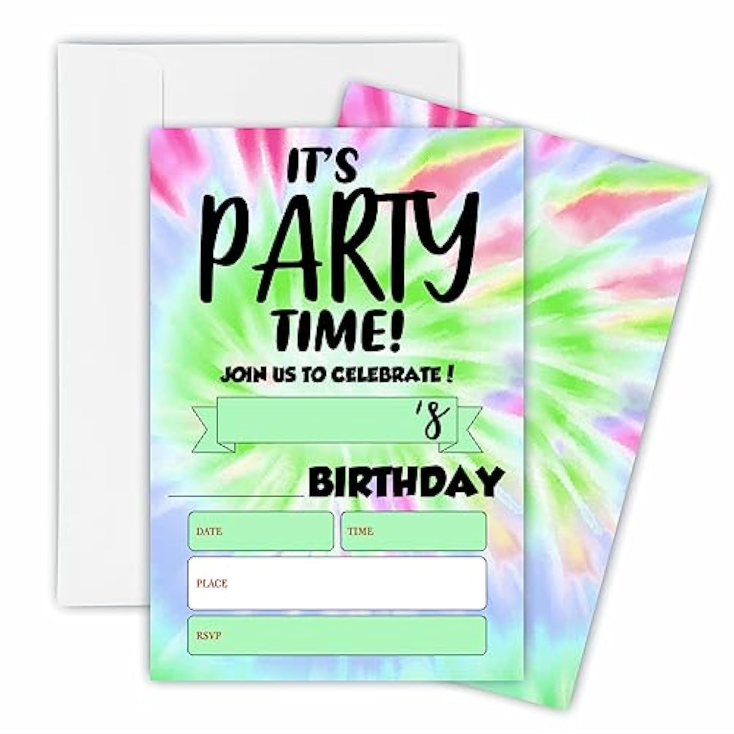 It'S Party Time! Birthday Invitations, Tie Dye Theme Birthday Party Invite Cards For Boys & Girls - 20 Double Side Fill-In Invites With Envelopes, Party Favor & Decorations - 29