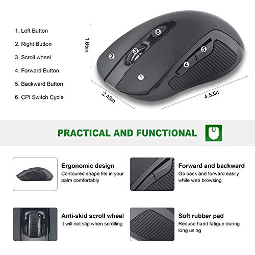 2.4G Wireless Mice Super Energy Saving Portable Optical Pc Laptop Computer Mouse, 5 Adjustable Dpi Mice, 6 Buttons For Windows Macos Linux