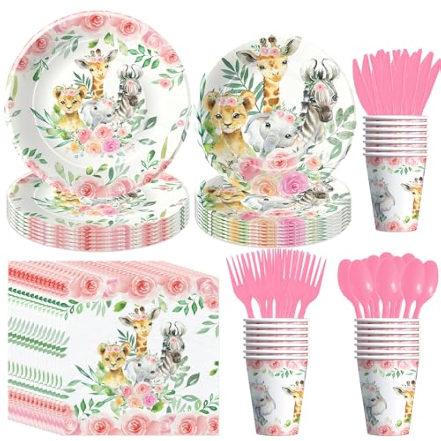 Safari Baby Shower Decorations Tableware Girl - Jungle Theme Party Supplies, Paper Plate, Cup, Napkin, Disposable Cutlery, Wild Animal Birthday Baby Shower Party Decorations | Serve 24
