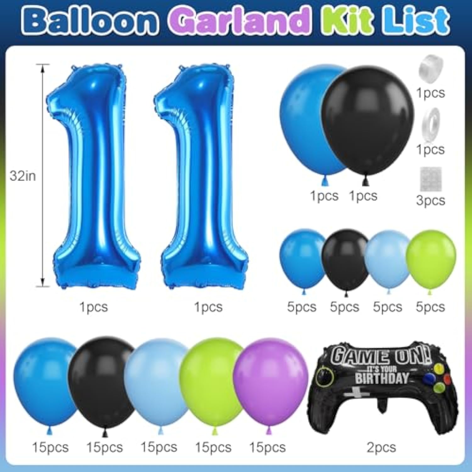 101pcs 11th Birthday Video Game Balloon Arch Kit for Boys Party Decorations