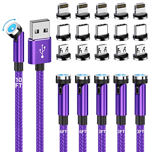 Magnetic Charging Cable 540° Rotating Magnetic Phone Charger [6-Pack, 3Ft/3Ft/3Ft/6Ft/6Ft/10Ft] 3 In 1 Magnetic Charger Cable Nylon Braided Magnetic Usb Cable For I-P/Micro Usb/Type C Device-Purple