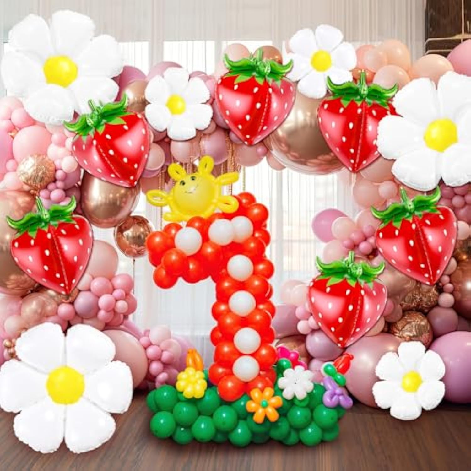 12 Pcs Strawberry Balloons Daisy Balloons Set Berry First Birthday Party Decorations 4D Flower Foil Balloon For Summer Birthday Baby Shower Party Decor(Strawberry,Daisy)