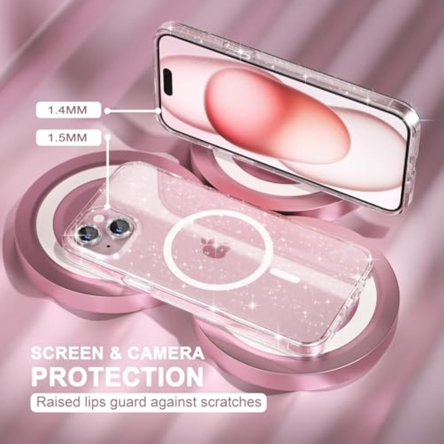 Iphone 15 Plus Clear Glitter Case With Magnetic Magsafe & Screen Protectors