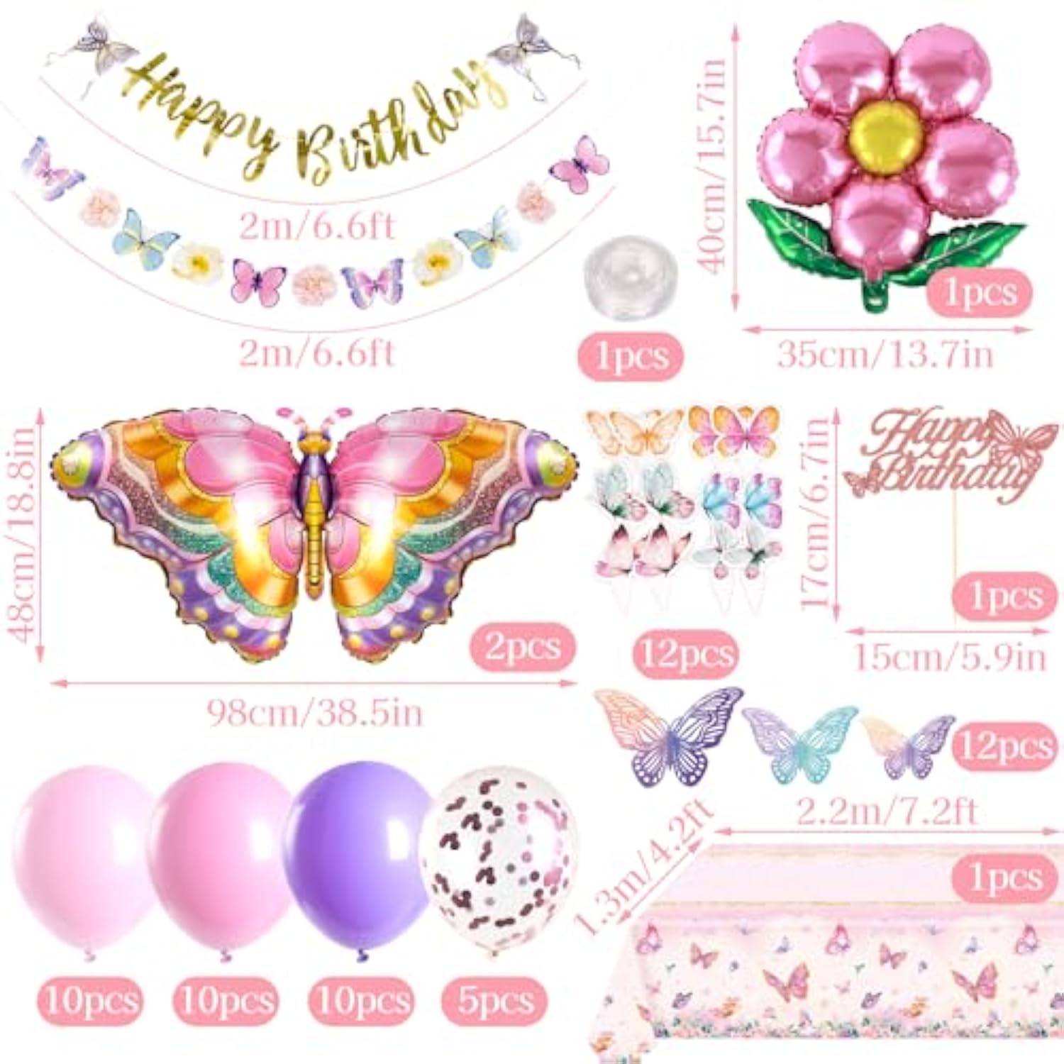 Butterfly Birthday Decoration, Pink Butterfly Party Decors With Butterfly Balloons, Happy Birthday Banner, 3D Stickers, Tablecloth, Party Decor For Girls