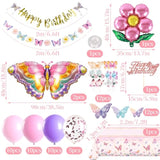 Butterfly Birthday Decoration, Pink Butterfly Party Decors With Butterfly Balloons, Happy Birthday Banner, 3D Stickers, Tablecloth, Party Decor For Girls
