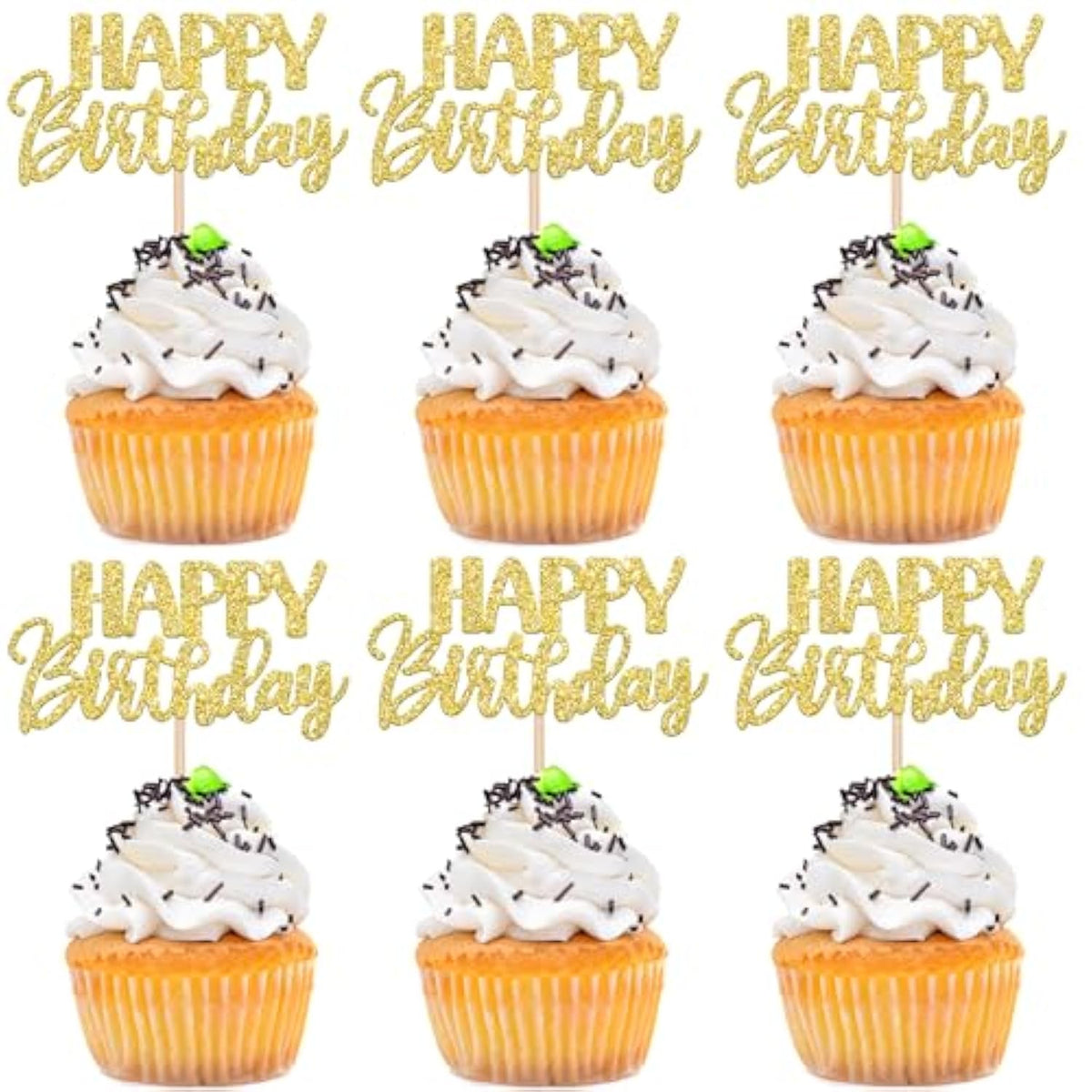 30 Pcs Happy Birthday Cupcake Toppers Glitter Happy Birthday Cupcake Picks For Celebrating Anniversary Theme Party Cake Decorations Supplies Gold