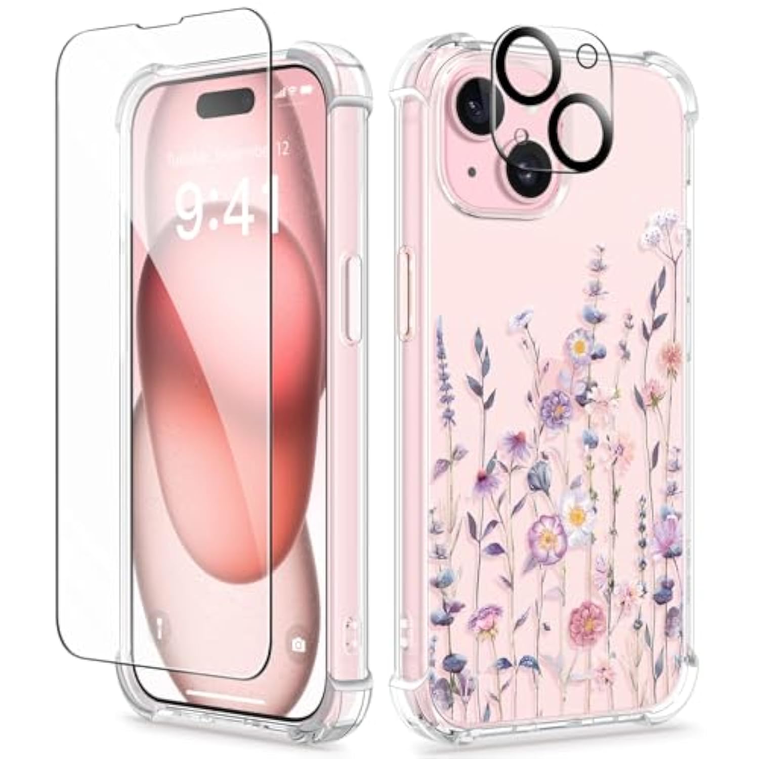 For Iphone 15 Case, [5 In 1] With 2X Screen Protector & 2X Camera Lens Protector, Clear Soft Shockproof Slim Fit Floral Phone Cover For Women Girls 2023 6.1" (Floratopia/Colorful)