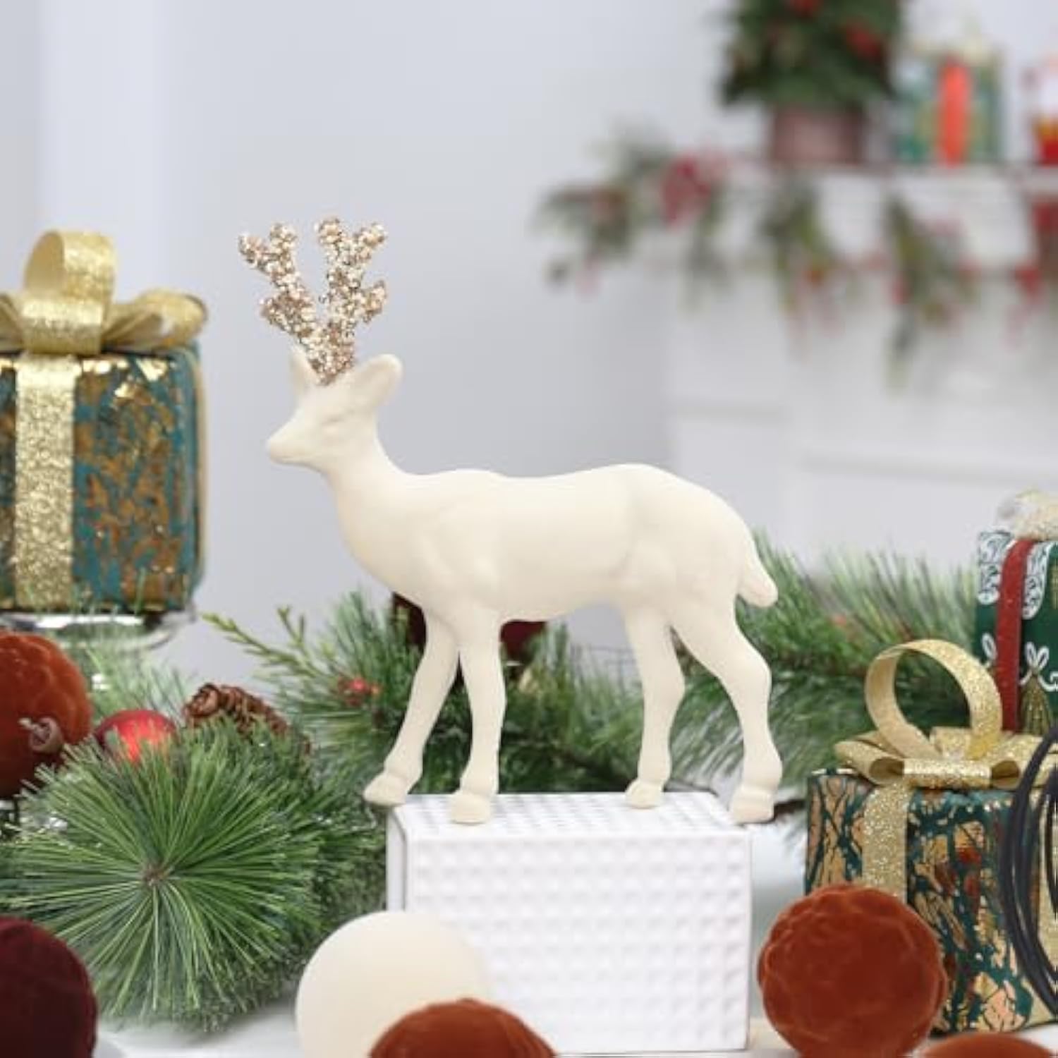 Velvet Reindeer Christmas Decorations, 2Pcs Beige Flocking Deer Figurine Statue Table Decorations, For Home Holiday Xmas Gift Party Decor.