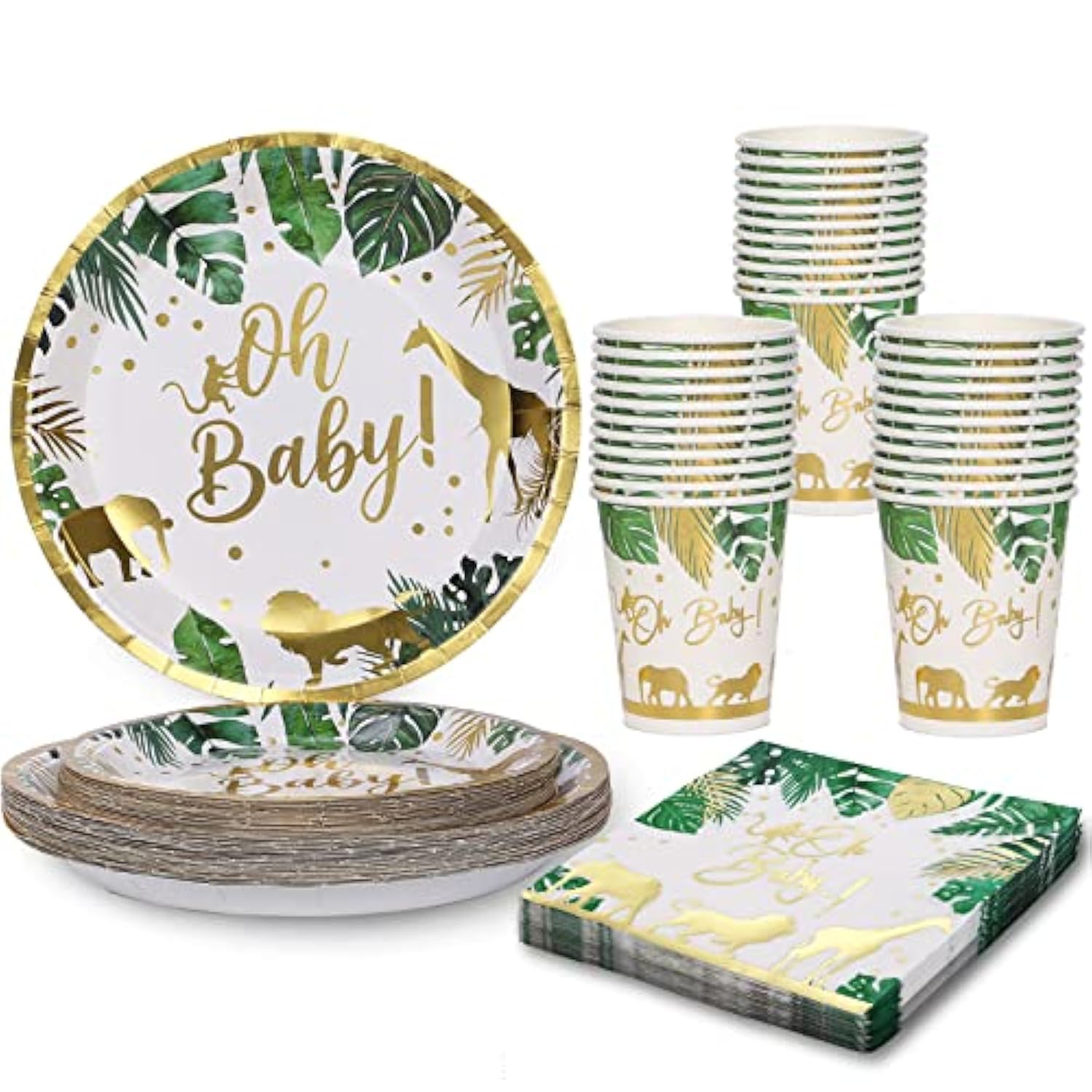 96 Pcs Jungle Safari Baby Shower Decorations Tableware Set, Oh Baby Paper Plates Cups And Napkins For Baby Shower And Birthday Party, Serves 24