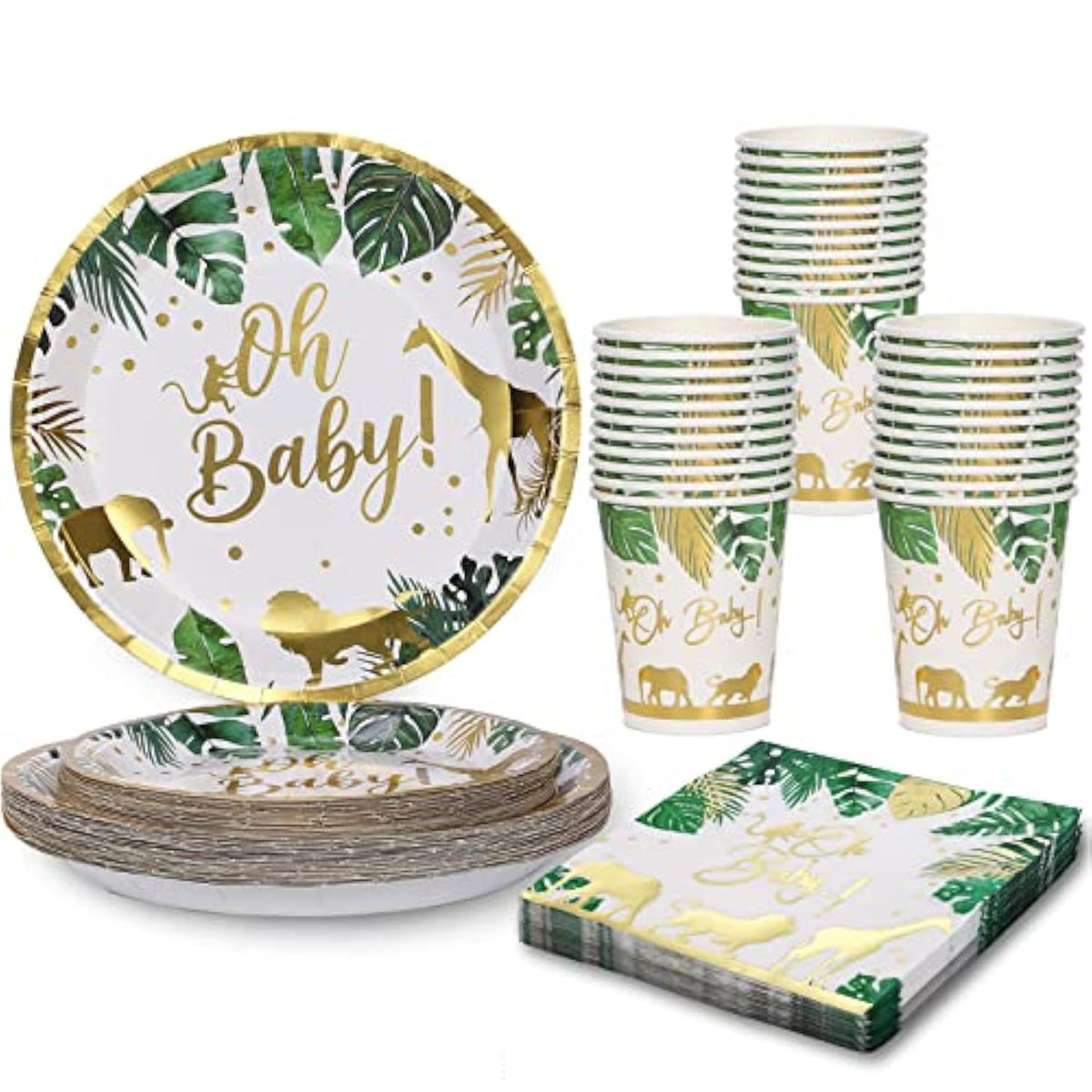 96 Pcs Jungle Safari Baby Shower Decorations Tableware Set, Oh Baby Paper Plates Cups And Napkins For Baby Shower And Birthday Party, Serves 24