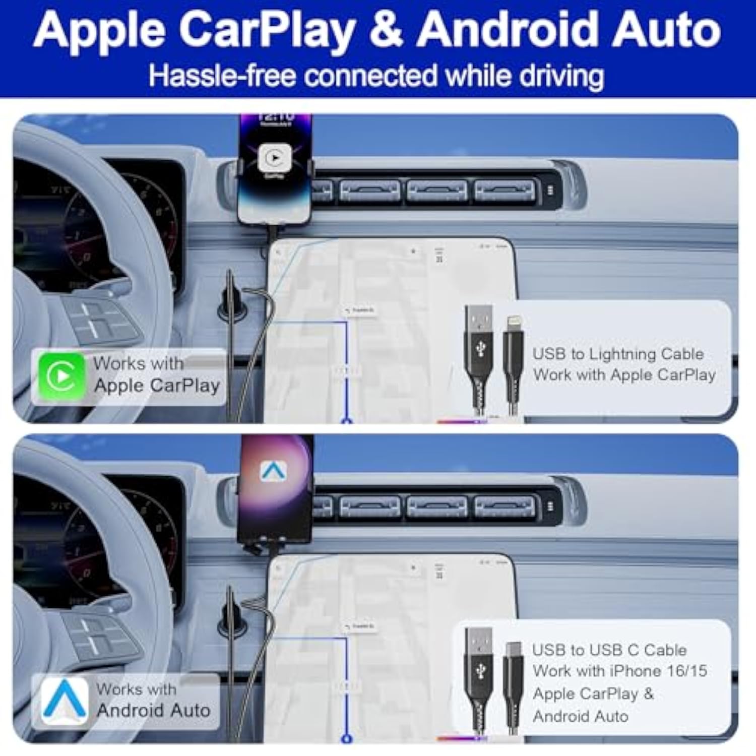 Usb To Usb-C And Lightning Cable Combo 6Ft, 2 In 1 Nylon Braided Iphone Charger Cable Apple Carplay & Android Auto, [Mfi & 3A Fast Charge] Multi Iphone Charging Cable Cord For Iphone 16/15/14/Android