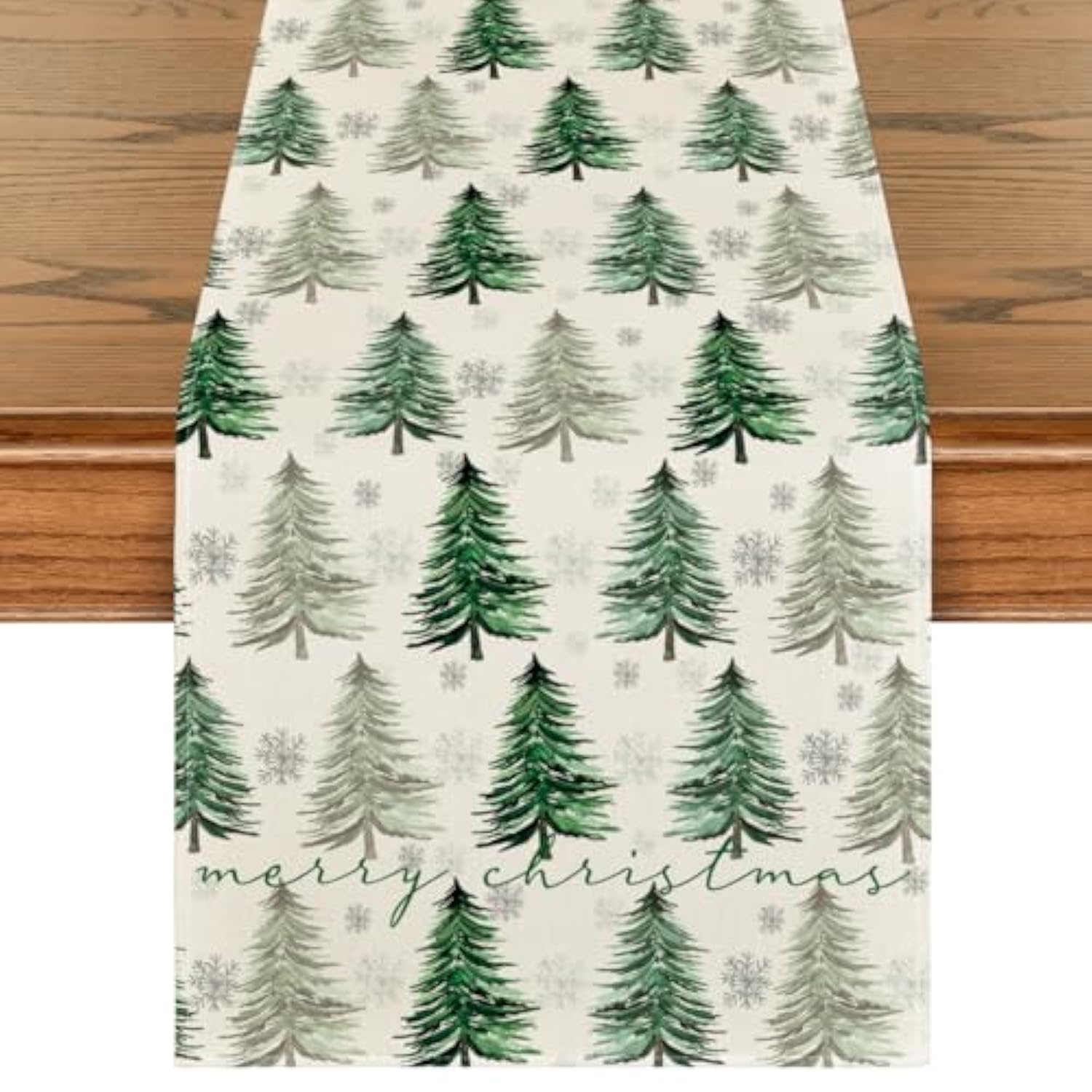 Xmas Trees Snowflake Christmas Table Runner, Seasonal Winter Green Kitchen Dining Table Decoration For Home Party Decor 13X72 Inch