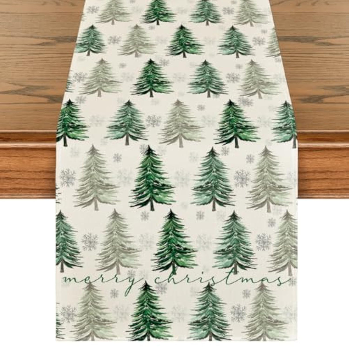 Xmas Trees Snowflake Christmas Table Runner, Seasonal Winter Green Kitchen Dining Table Decoration For Home Party Decor 13X72 Inch