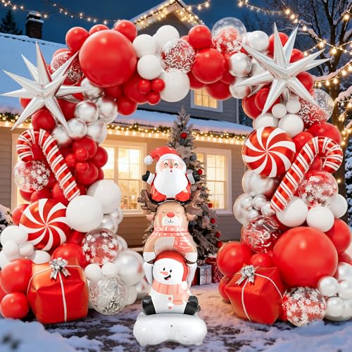 Christmas Balloon Garland Arch kit with Red White Silver Balloons, Confetti Balloons, Candy, Cane, Explosion-Star, Gift Box, santa-claus elk snowman combo Foil Balloons for Xmas Party Decorations